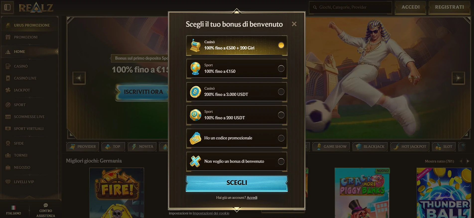 Scelta del pacchetto di benvenuto su Realz Casino in Italia